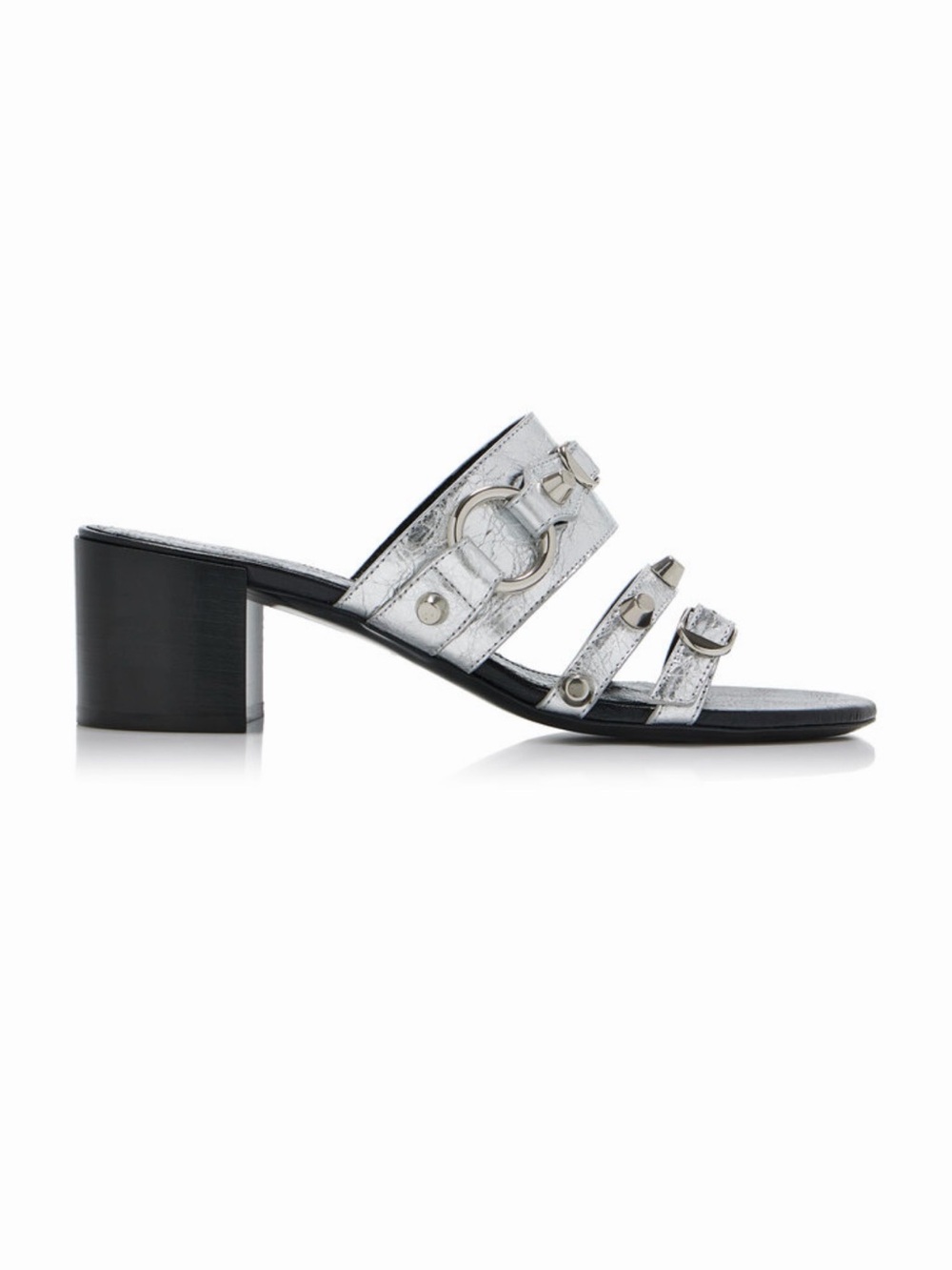 Balenciaga Silver Three-Strap Block Heel Mule with Stud Accents size 36/6